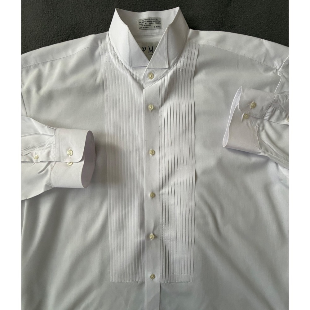 PMI Mens White Wing Tip Collar Pleated Bib Front Tuxedo Dress Shirt 17 34-35 EUC